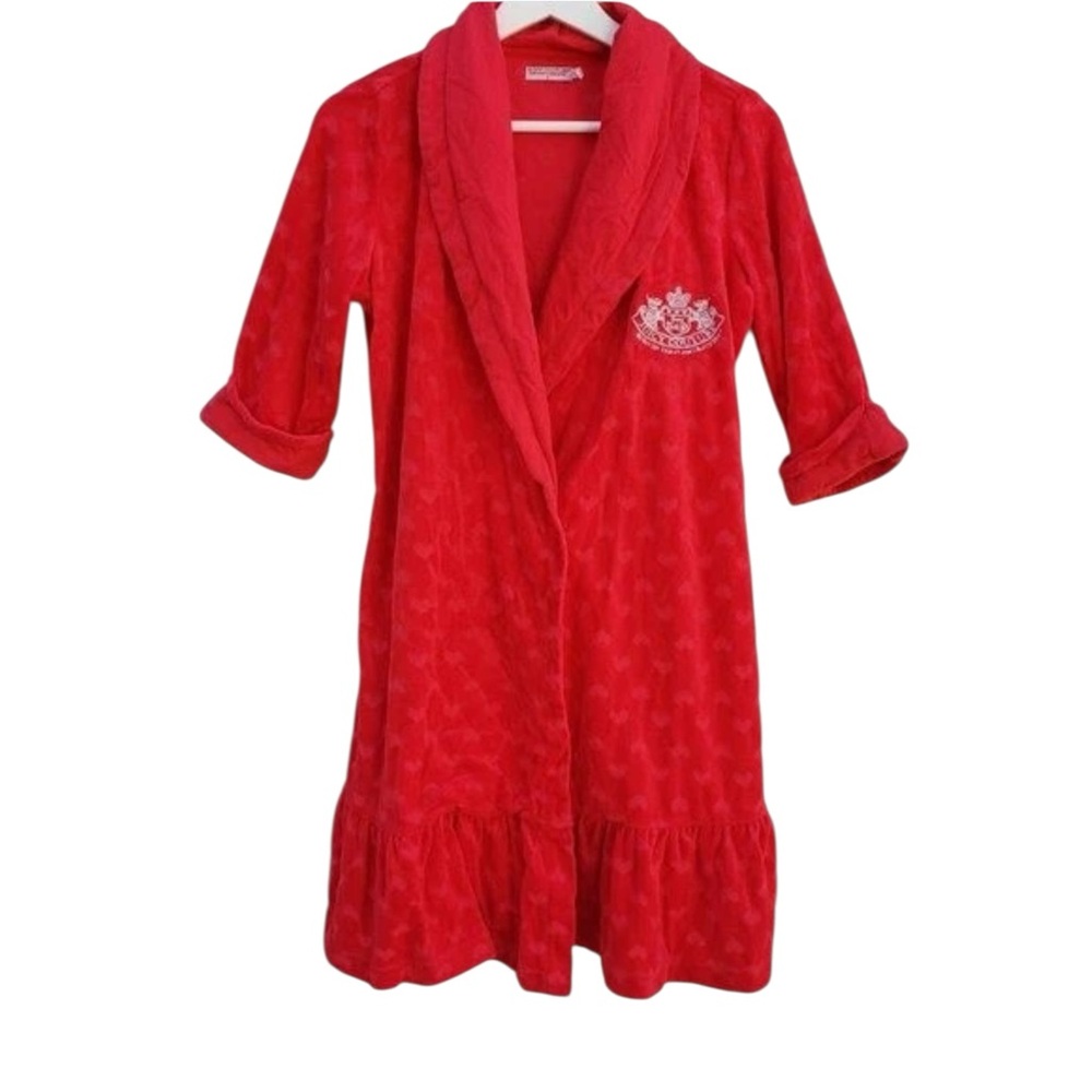 Juicy couture velour red hearts wrap robe ruffle hem babydoll bling embroidered